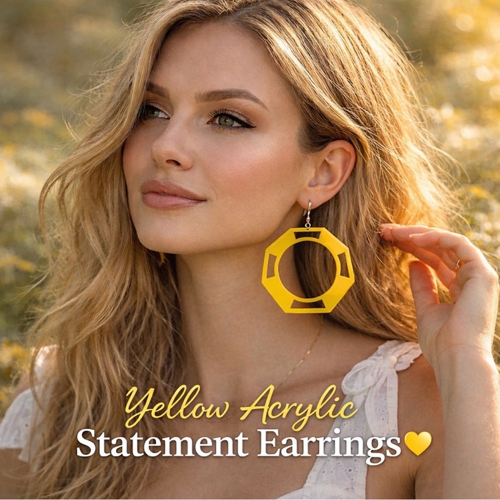 Bold Yellow Geometric Hexagon Hoop Earrings | Lightweight Statement Acrylic (A2)